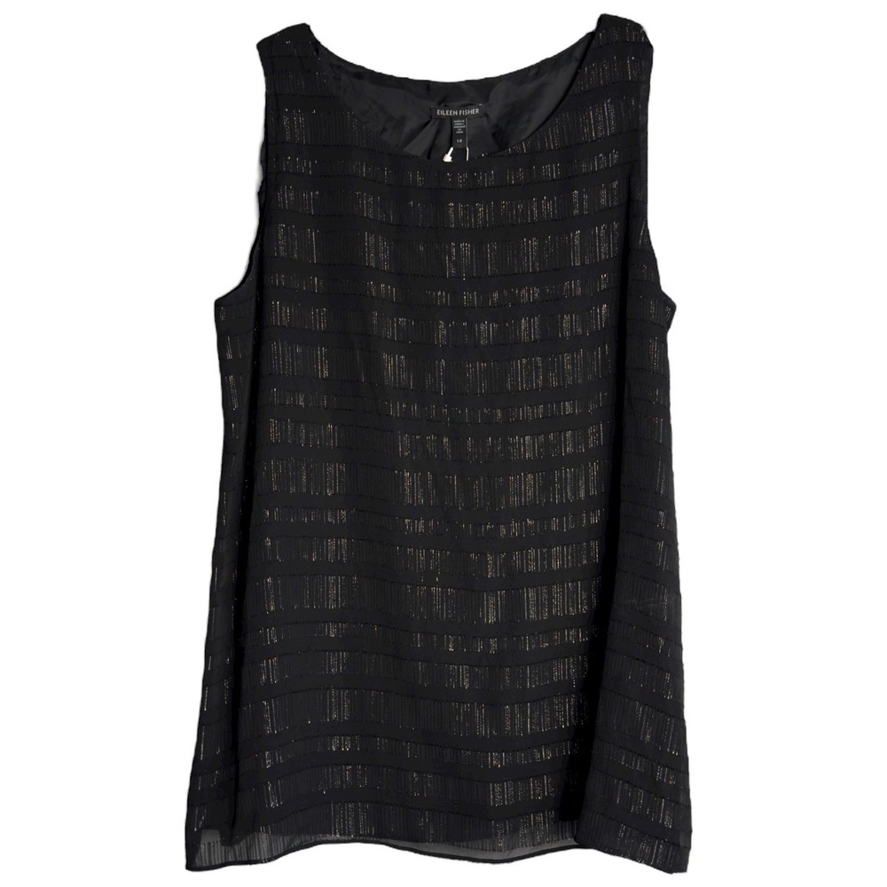 Eileen Fisher Size Large Black Silk Sleeveless Tunic Shimmer Thread‎ NWT